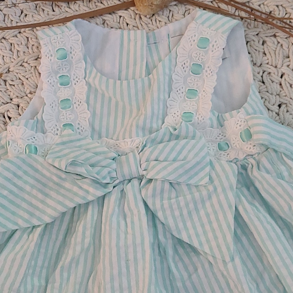 SUMMER BEAUTIFUL TEAL WHITE LACE  STRIPED  DRESS - Picture 5 of 16